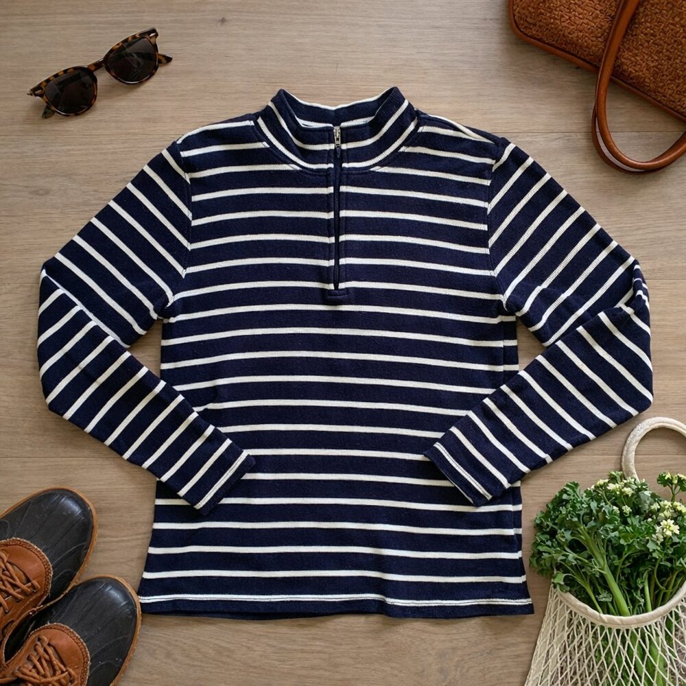 LL Bean 1/4 Zip Cotton Sweater Blue White Stripe Women S 90s Lightweight